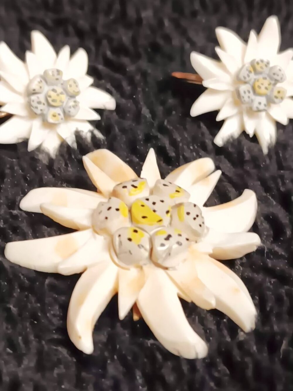 1940's Vintage celluloid edelweiss SCREW ON earrings and brooch set.